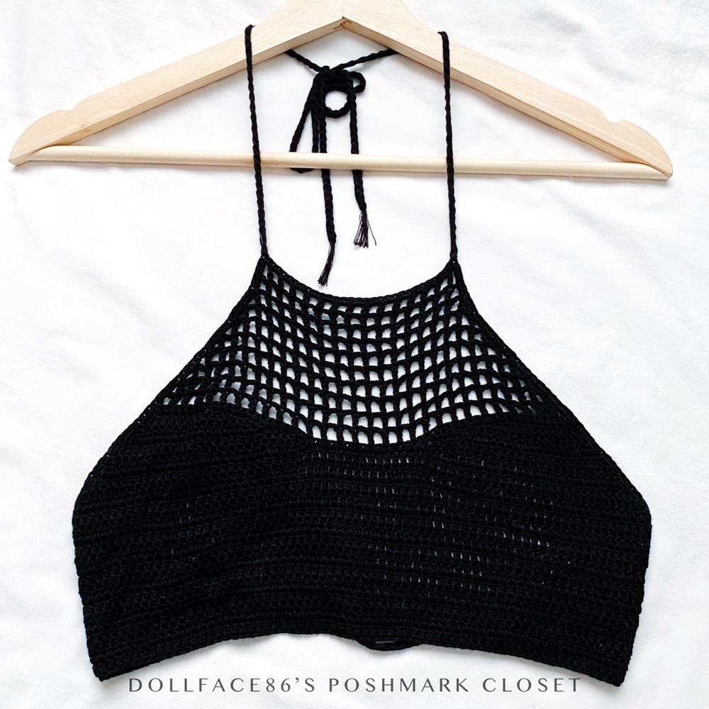 Black Crochet Cropped Halter Top